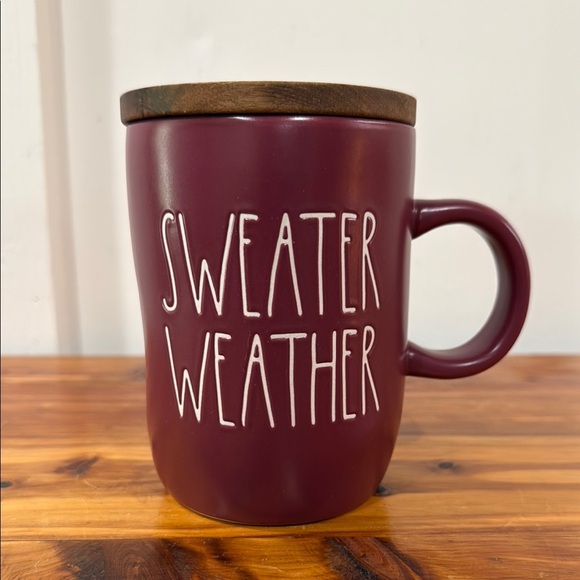 Rae Dunn Maroon SWEATER WEATHER Mug w/ Wood Fall Maple Leaf Coaster - Picture 1 of 7